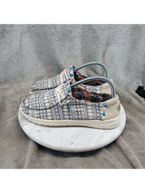 Hey Dude Shoes Womens Size 7 Gray Canvas Embroidery Gray Boho Slip On *Read*